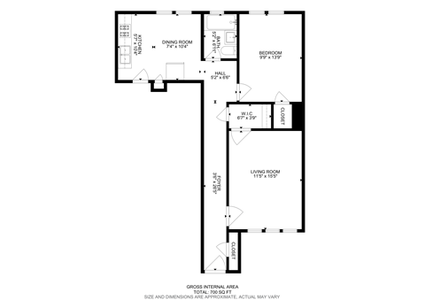 Floor plan for 1 bed, 1 bath, 600 sqft